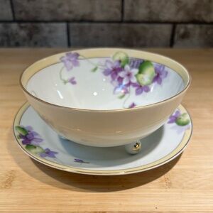 Antique Hand Painted Nippon Footed Bowl and Saucer with Violets and Gold Details